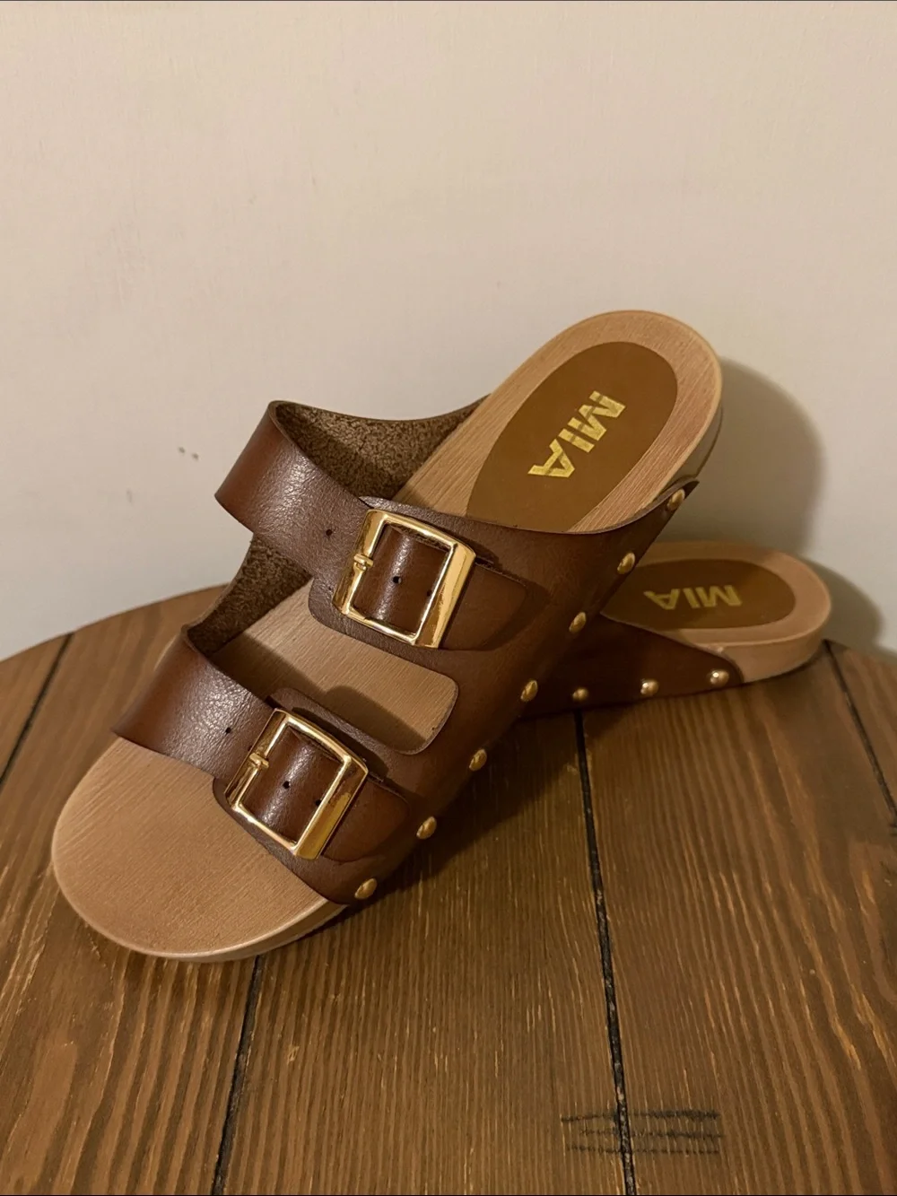 MIA Brown Double-Buckle Slide Sandals with Gold Buckles